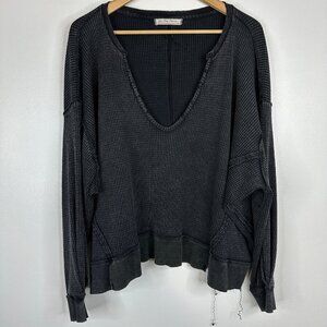 We The Free People Waffle Knit Long Sleeve Oversized T Shirt Top Dark Grey XS